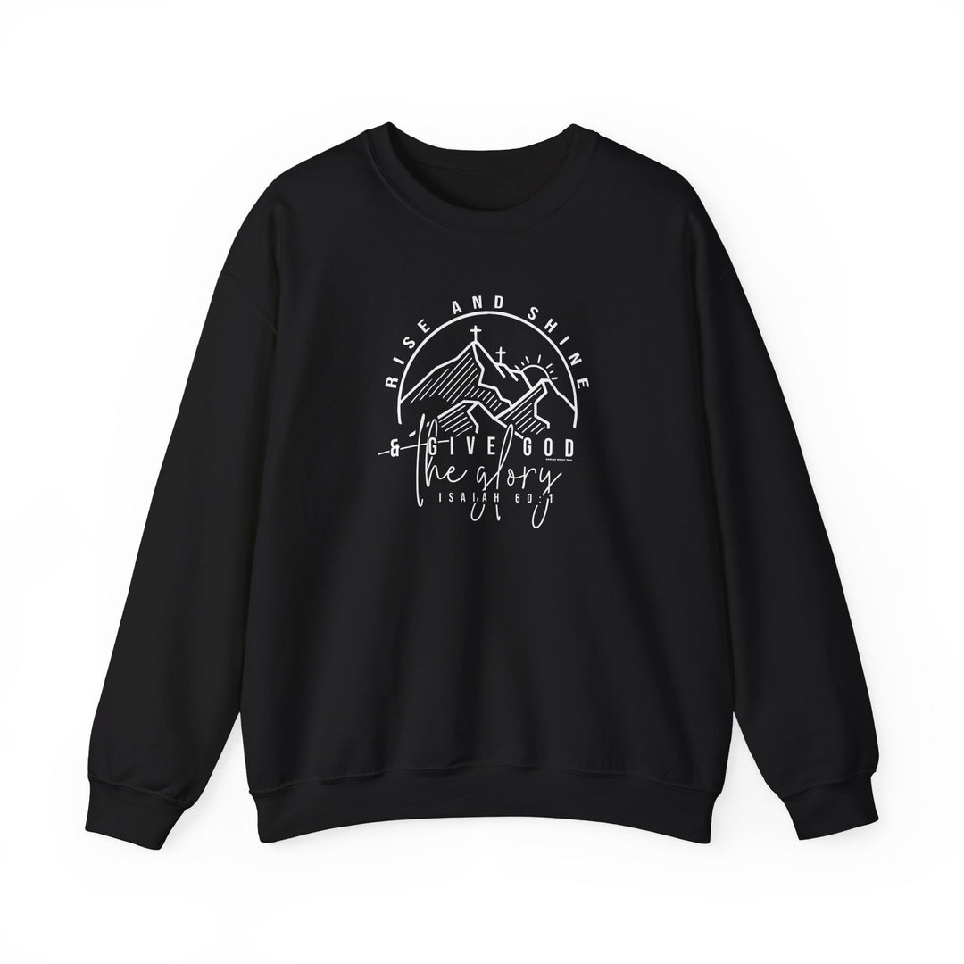 A black crewneck sweatshirt with white text, featuring a cross and mountains logo. Unisex Rise and Shine Crew made of 50% cotton, 50% polyester blend, ribbed knit collar, and no itchy side seams. Sizes from S to 5XL.