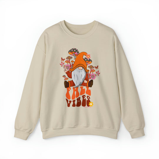 A white crewneck sweatshirt featuring a gnome design, embodying fall vibes. Unisex heavy blend with ribbed knit collar, 50% cotton, 50% polyester, loose fit, and no itchy side seams. Ideal for comfort in various settings.