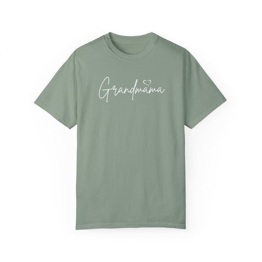 Grandmama Tee: Green shirt with white text, close-up logo detail. 100% ring-spun cotton, garment-dyed for coziness, relaxed fit, durable double-needle stitching, no side-seams. From Worlds Worst Tees.