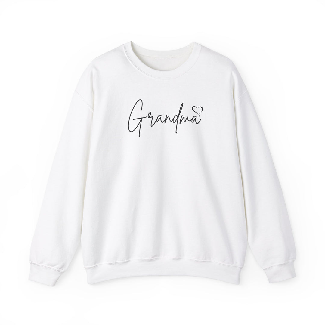A unisex heavy blend crewneck sweatshirt, Grandma Love Crew, in white with black text. Features ribbed knit collar, no itchy side seams, 50% cotton, 50% polyester, loose fit, medium-heavy fabric.