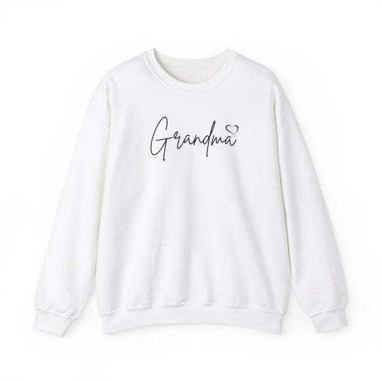 A unisex heavy blend crewneck sweatshirt, Grandma Love Crew, in white with black text. Features ribbed knit collar, no itchy side seams, 50% cotton, 50% polyester, loose fit, medium-heavy fabric.