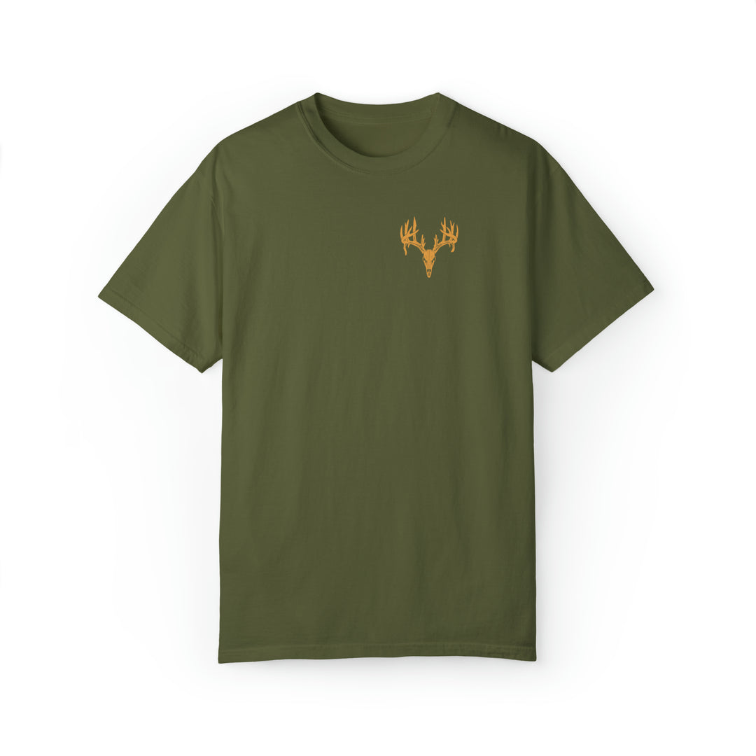 Unisex Tagged Out Tee: Green shirt with deer head and skull design. 80% ring-spun cotton, 20% polyester, relaxed fit, rolled-forward shoulder, medium-heavy fabric. Sizes S to 4XL.