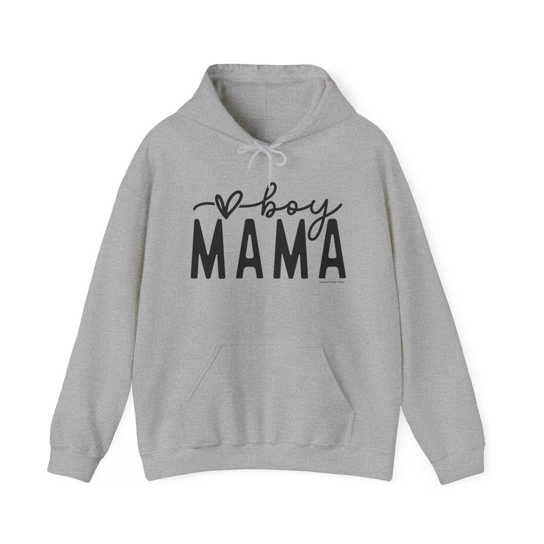 A cozy Boy Mama Hoodie in grey with black text, featuring a kangaroo pocket and matching drawstring. Unisex heavy blend for warmth and comfort on chilly days. Classic fit, tear-away label, true to size.