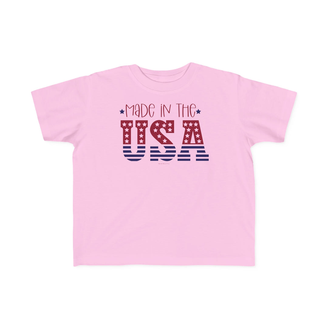 Made in the USA Toddler Tee, featuring durable print on soft 100% cotton. Classic fit, tear-away label, perfect for sensitive skin. Sizes: 2T, 3T, 4T, 5-6T. Dimensions: Width - 12.00-15.00in, Length - 15.50-18.50in, Sleeve length - 4.75-5.50in.