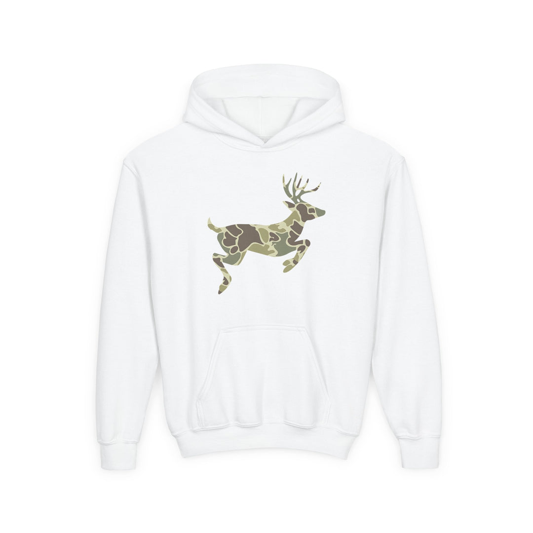 Camo Deer Youth Hoodie featuring a white pullover design with a kangaroo pocket and a camouflage-patterned deer silhouette on the chest.