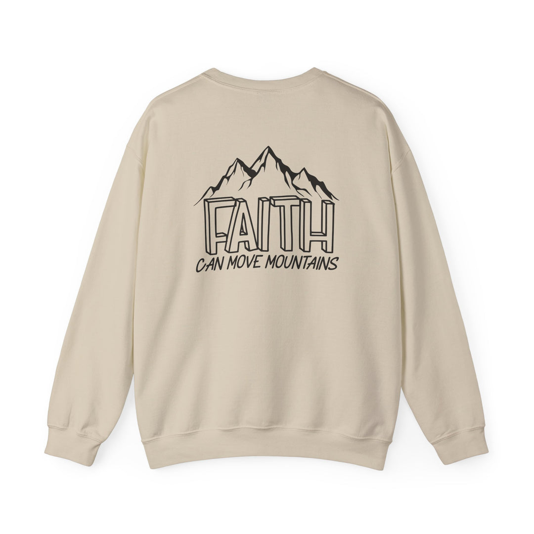 Unisex heavy blend crewneck sweatshirt featuring Faith Can Move Mountains design. Made of 50% cotton, 50% polyester, with ribbed knit collar for shape retention. Double-needle stitching for durability. Ethically grown US cotton.