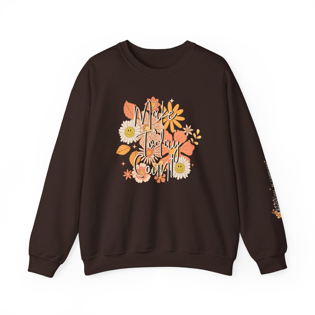 A unisex heavy blend crewneck sweatshirt featuring a brown floral design. Made of 50% cotton, 50% polyester with ribbed knit collar. Comfortable, loose fit, medium-heavy fabric. Ideal for any occasion.