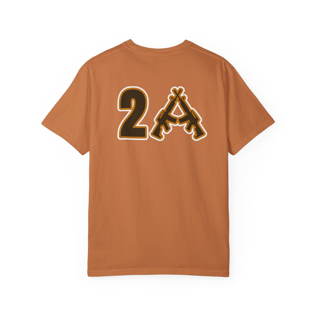 Back of burnt-orange 2A Tee featuring bold 2A graphic; A formed by crossed rifles, symbolizing Second Amendment. Durable, relaxed fit, made from soft, ring-spun cotton.