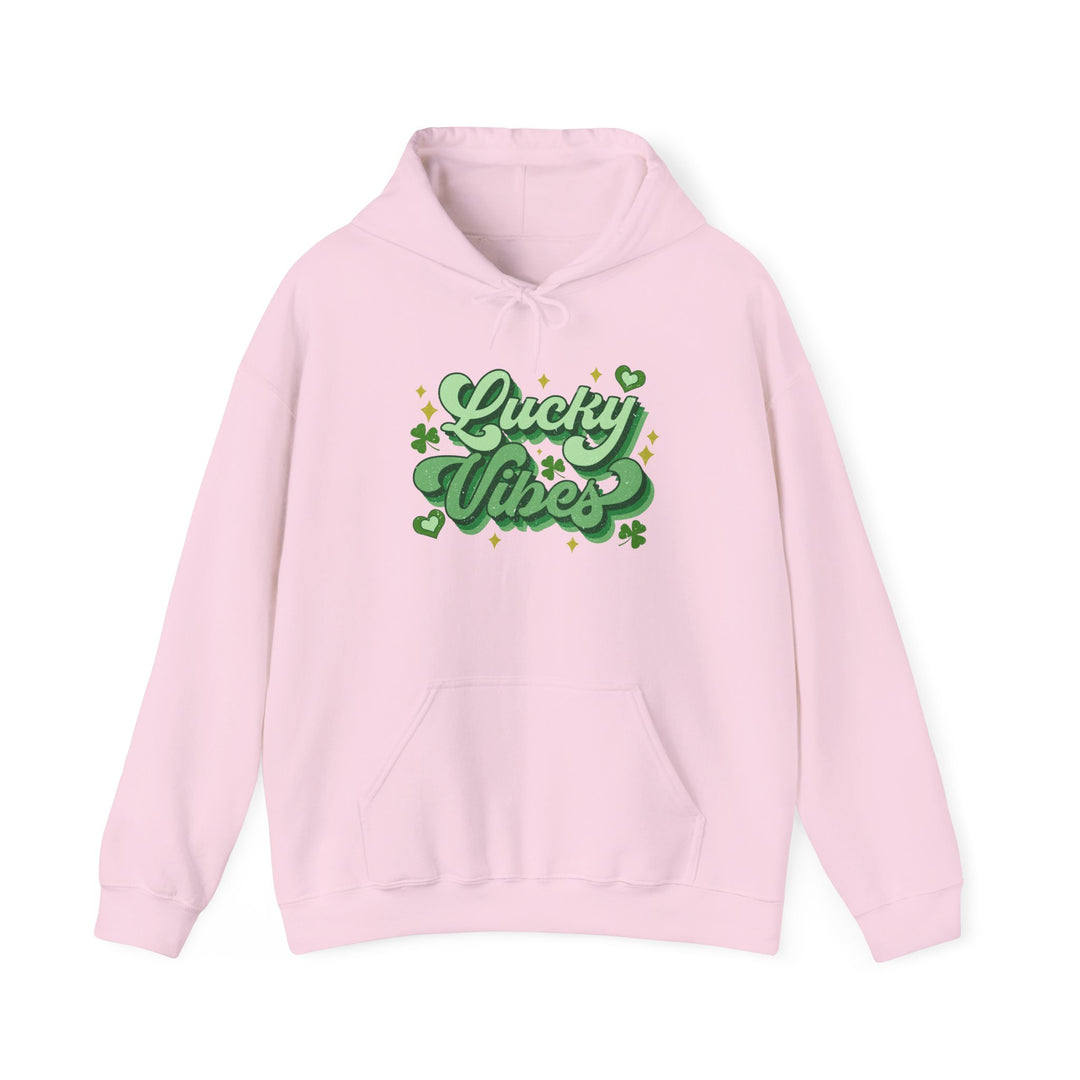 Good Day Lucky Day Hoodie: Pink sweatshirt featuring green text, unisex heavy blend with kangaroo pocket and matching drawstring, ideal for warmth and casual style.