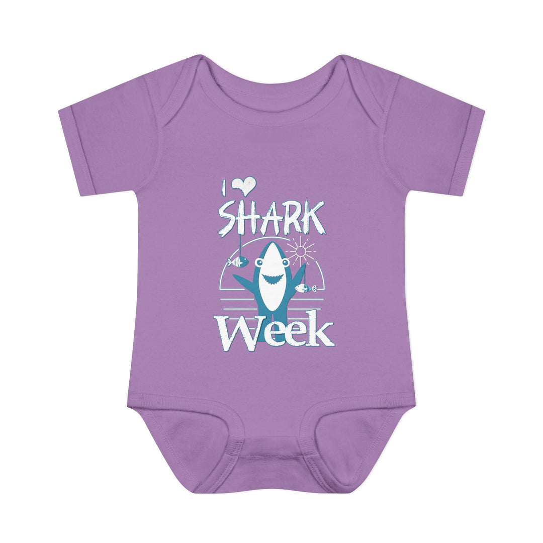 I Love Shark Week Onesie: Soft infant bodysuit with lap shoulders, designed for comfort and easy dressing, made from 100% ring-spun cotton.