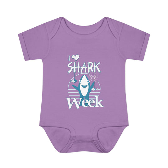 I Love Shark Week Onesie: Soft infant bodysuit with lap shoulders, designed for comfort and easy dressing, made from 100% ring-spun cotton.