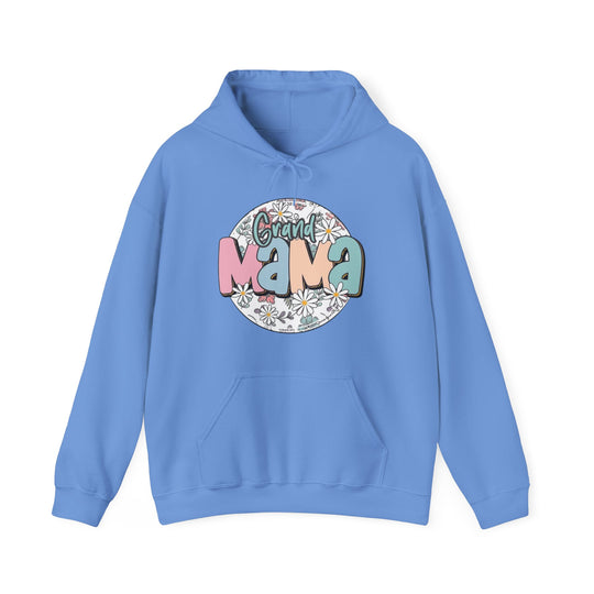 A blue hooded sweatshirt featuring a logo, ideal for chilly days. Unisex, made of cotton and polyester blend for comfort. Includes kangaroo pocket and matching drawstring. From Worlds Worst Tees, Sassy Grand Mama Flower Hoodie.