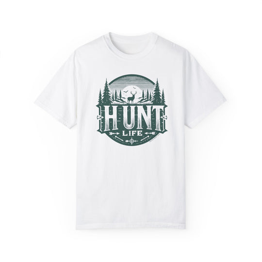 A white Hunt Life Tee with a deer and trees logo, made of 100% ring-spun cotton. Relaxed fit, double-needle stitching for durability, no side-seams for shape retention. Ideal for daily wear.