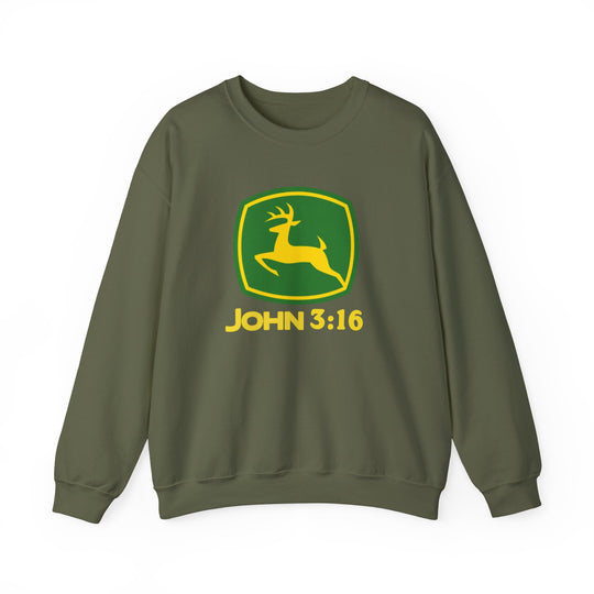 Olive-green crewneck sweatshirt featuring a playful yellow-green logo with John 3:16 below, blending style with comfort for colder months.