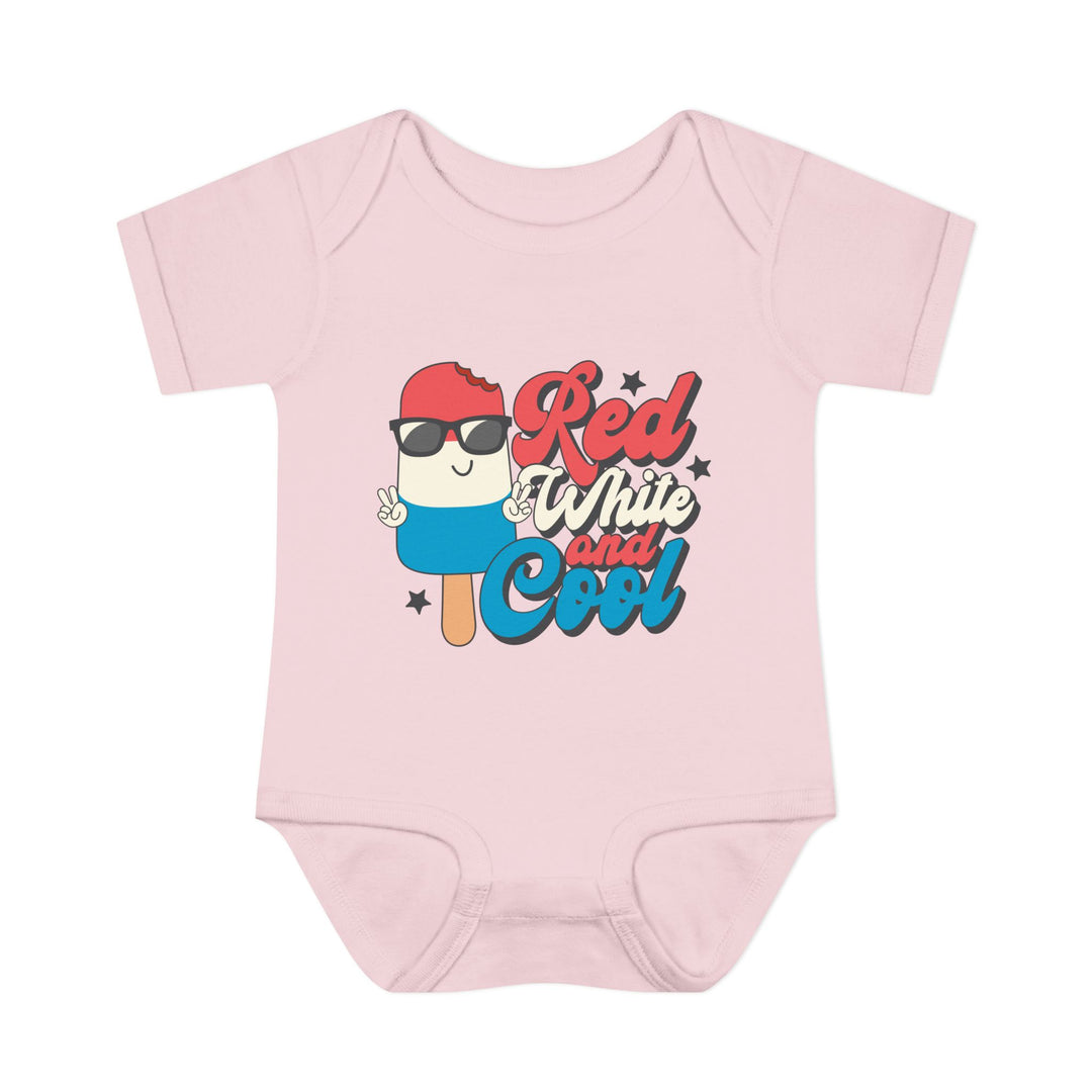 Infant bodysuit with Red White and Cool design, featuring soft ring-spun cotton, lap shoulders, and tear-away label. Ideal for comfort and easy dressing.