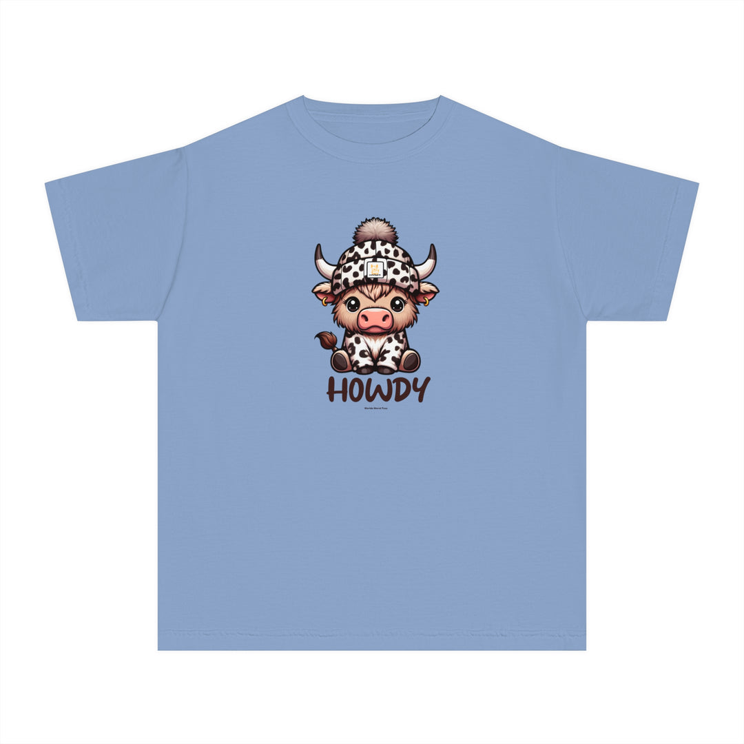 A blue kids' tee featuring a cartoon cow, designed for active days. Made of soft 100% combed ringspun cotton, light fabric, and a classic fit for all-day comfort. Ideal for playtime or study breaks.