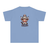 A blue kids' tee featuring a cartoon cow, designed for active days. Made of soft 100% combed ringspun cotton, light fabric, and a classic fit for all-day comfort. Ideal for playtime or study breaks.