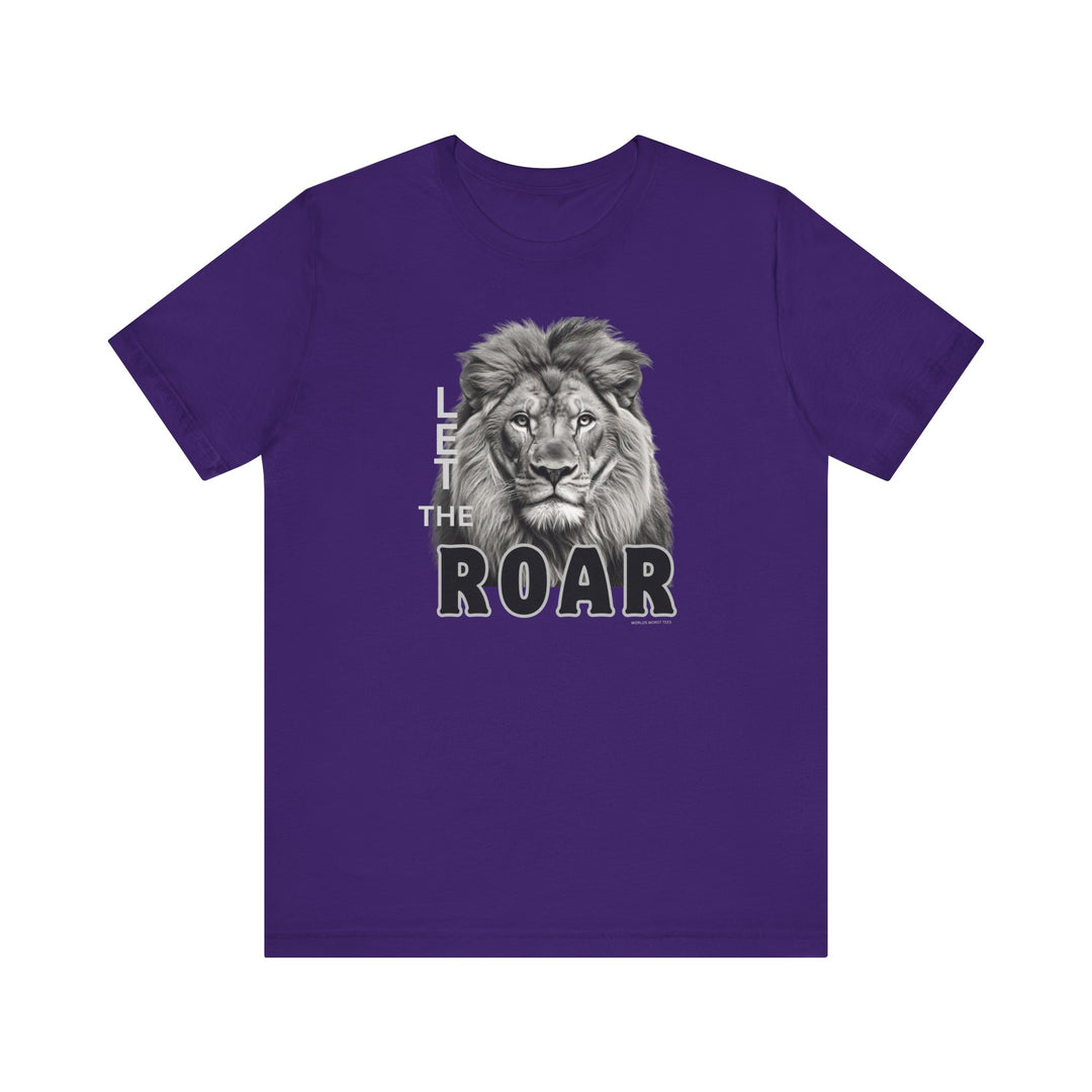 A unisex jersey tee featuring a lion graphic, part of the Let the Lion Roar collection. Soft cotton, ribbed knit collar, and tear-away label. Sizes XS to 3XL. From Worlds Worst Tees.