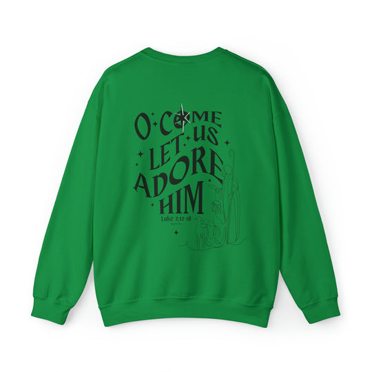 Unisex heavy blend crewneck sweatshirt featuring O come let us adore him Crew design. Ribbed knit collar, no itchy side seams. 50% cotton, 50% polyester, medium-heavy fabric, loose fit. Sewn-in label. Sizes S-5XL.