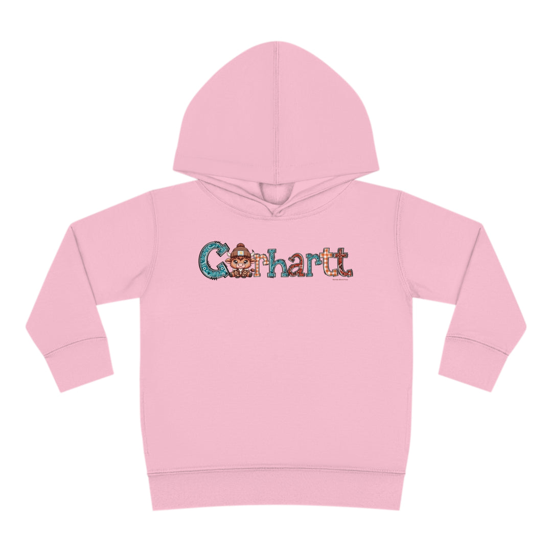 Cowhartt Toddler Hoodie with durable design, jersey-lined hood, cover-stitched details, and side seam pockets for long-lasting coziness. Made of 60% cotton, 40% polyester blend. Sizes: 2T, 4T, 5-6T.