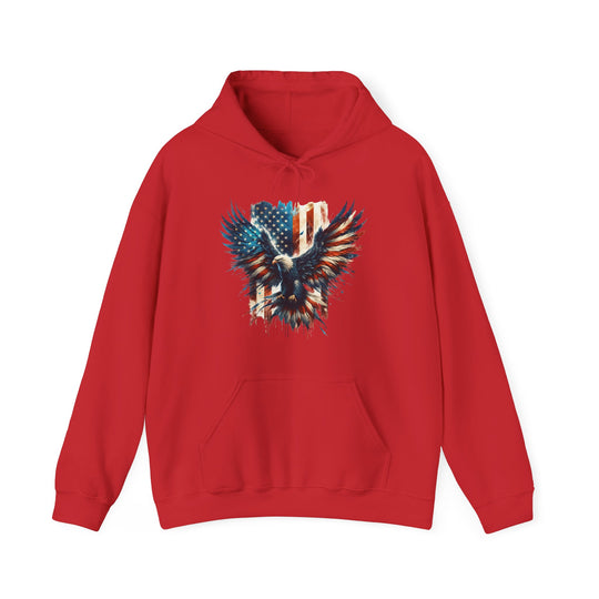 Unisex American Eagle Hoodie: Red sweatshirt with eagle graphic, kangaroo pocket, and drawstring hood. Cotton-polyester blend, no side seams, medium-heavy fabric, classic fit. Ideal for warmth and comfort.