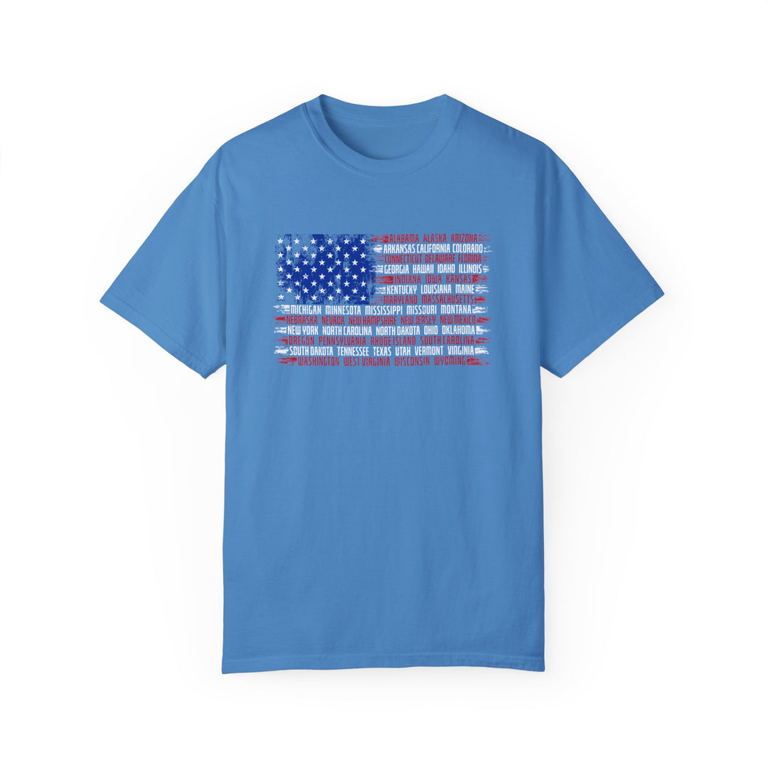 A relaxed fit State Flag Tee crafted from 100% ring-spun cotton. Garment-dyed for coziness, featuring double-needle stitching for durability and a seamless design for a tubular shape. Ideal for daily wear.