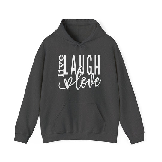 A cozy Live Laugh Love Hoodie in grey with white text, featuring a kangaroo pocket and matching drawstring. Unisex, cotton-polyester blend for warmth and comfort on chilly days. Classic fit, tear-away label.