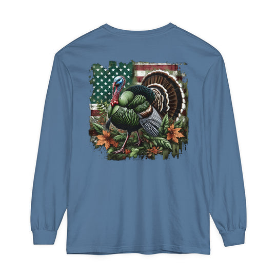A classic Turkey Hunting Long Sleeve T-Shirt in blue with a turkey design. Made of 100% ring-spun cotton, garment-dyed for softness and style. Perfect for casual comfort.