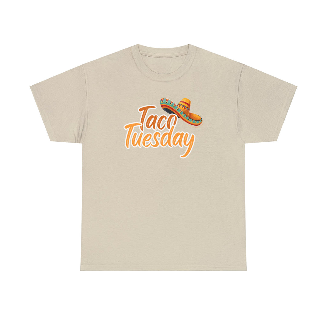 A white Taco Tuesday Tee featuring a sombrero design. Unisex heavy cotton tee with no side seams for comfort. Made of 100% US cotton, ethically sourced and Oeko-Tex certified.