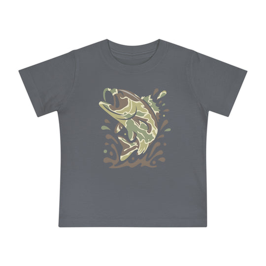 Camo Fish Baby Tee: Children's slate-gray T-shirt featuring a camouflage-style fish graphic leaping from water, crafted from soft, shrink-resistant, pre-shrunk cotton for comfort and durability.