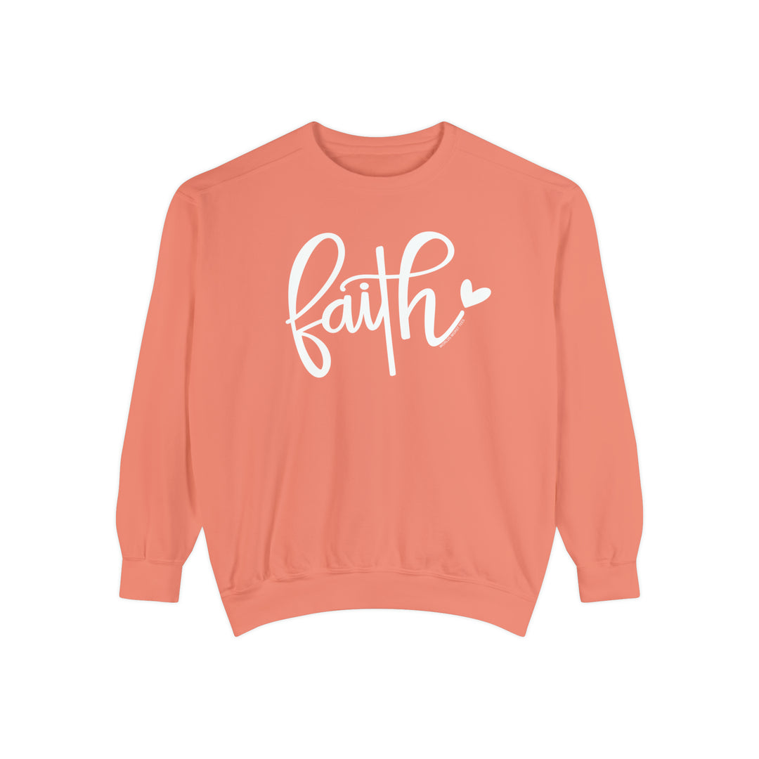 Unisex Faith Crew sweatshirt in pink with white text. Made of 80% ring-spun cotton and 20% polyester, featuring a relaxed fit and rolled-forward shoulder. From Worlds Worst Tees.