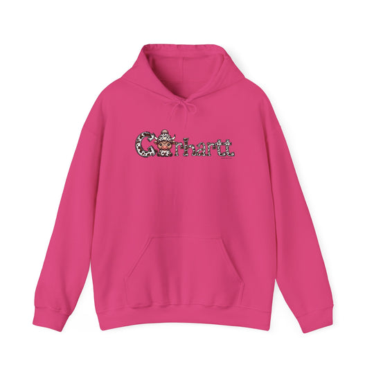 A pink Cowhartt Cow Hoodie sweatshirt with a cartoon cow design, kangaroo pocket, and drawstring hood. Unisex heavy blend fabric for warmth and comfort. Ideal for printing. Classic fit, tear-away label.