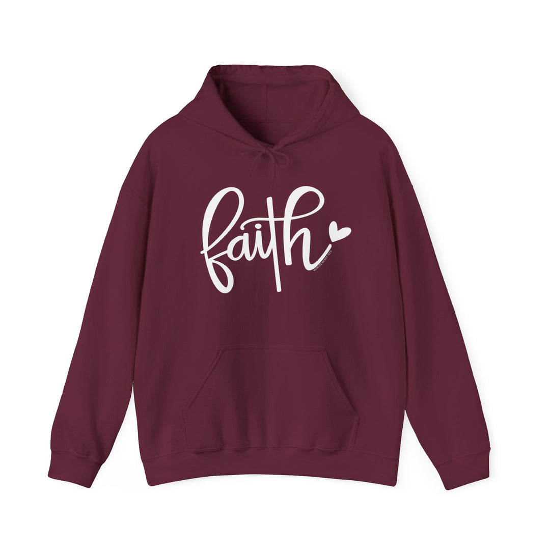 A maroon Faith Hoodie with white text, a cozy blend of cotton and polyester. Features a kangaroo pocket and matching drawstring hood. Unisex, medium-heavy fabric, tear-away label, true to size.