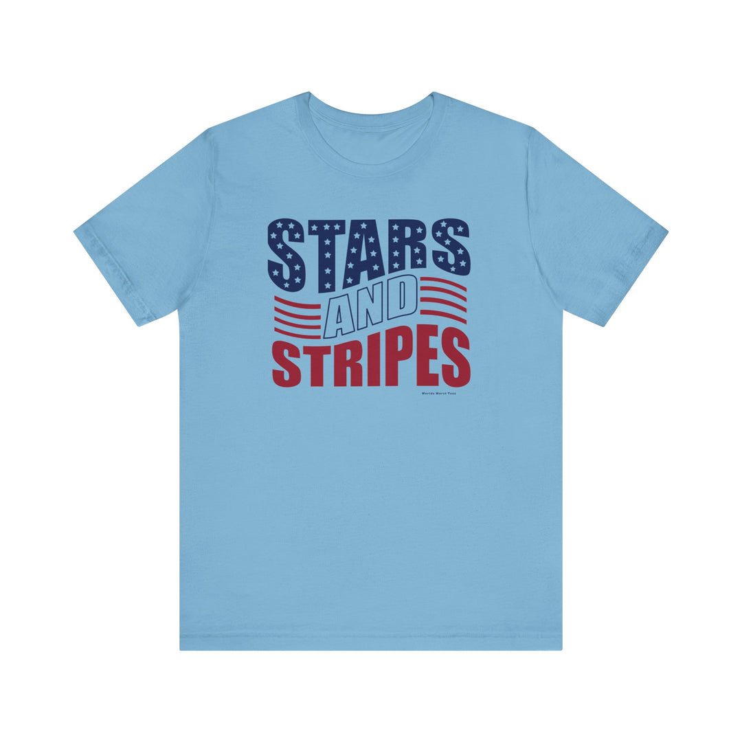 A classic Stars and Stripes Tee in blue with red and blue text. Unisex jersey tee made of 100% Airlume combed cotton, featuring ribbed knit collars and taping on shoulders for a comfortable fit.