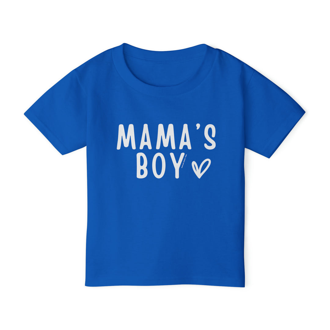 Mama's Boy Toddler Tee, a blue shirt with white text, offers top-tier softness in 100% cotton. Classic fit with rib collar for all-day comfort. Sizes: 2T-6T.