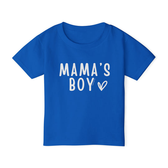 Mama's Boy Toddler Tee, a blue shirt with white text, offers top-tier softness in 100% cotton. Classic fit with rib collar for all-day comfort. Sizes: 2T-6T.