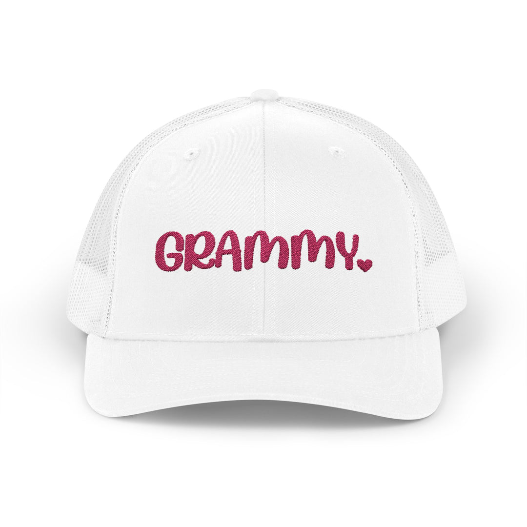 Grammy Snapback Trucker Cap with mid-profile fit, 6-panel design, pre-curved visor, adjustable snap closure, and breathable polyester mesh back.