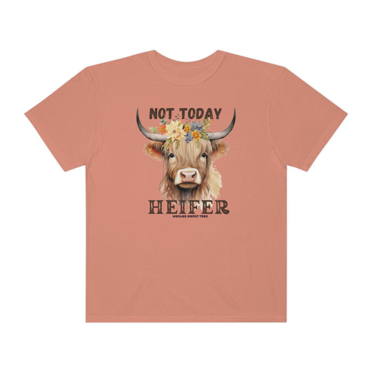 A relaxed fit Not Today Heifer Tee, featuring a cow design on a garment-dyed, ring-spun cotton t-shirt. Double-needle stitching for durability, with a cozy, tubular shape. Ideal for daily wear.