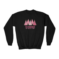 A black sweatshirt featuring pink trees and text, made from a blend of 50% cotton and 50% polyester. Medium-heavy fabric for comfort, perfect for school, sports, and leisure. True-to-size fit for XS to XL.
