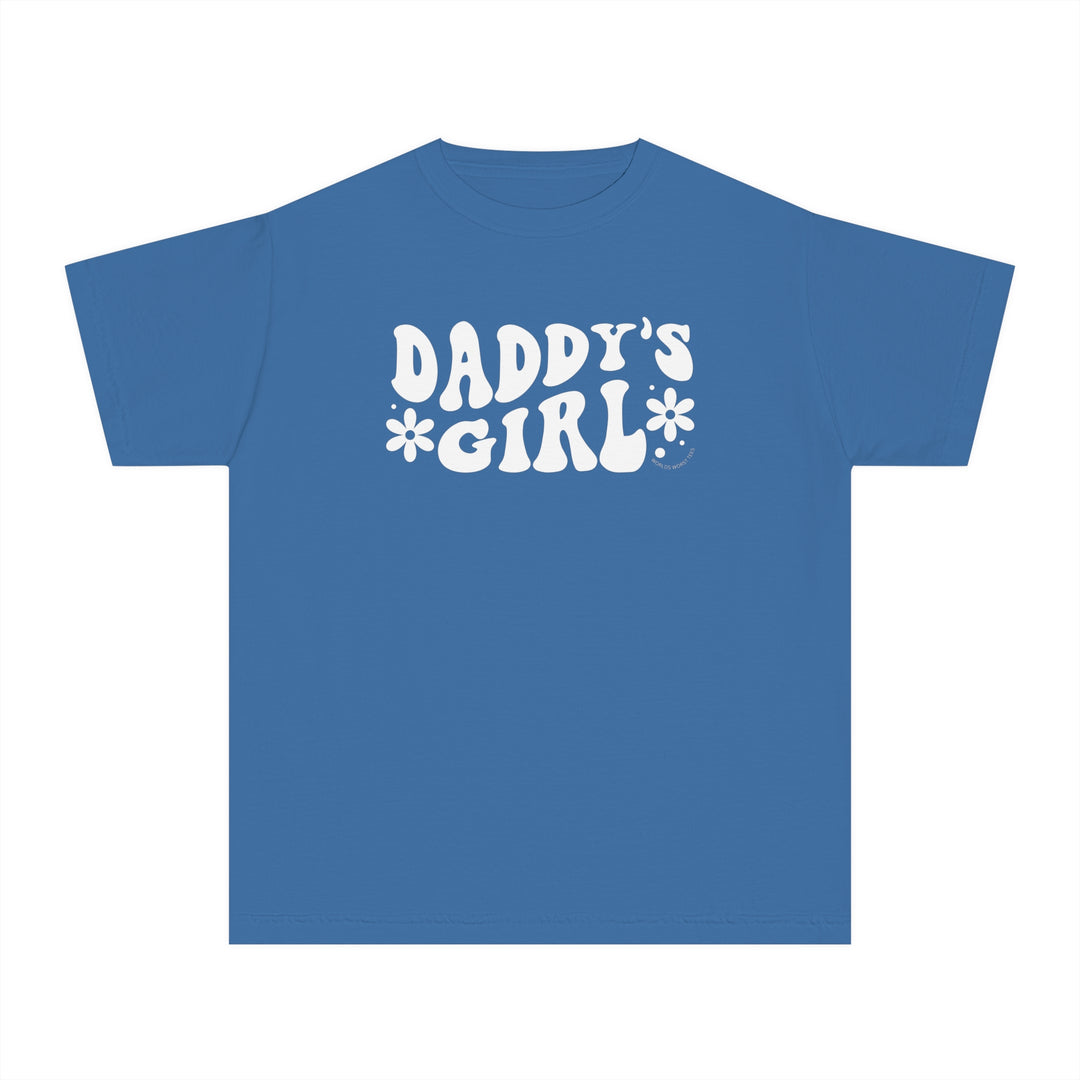 Kid's tee shirt with white text, designed for comfort and agility. Made of 100% combed ringspun cotton, soft-washed, and garment-dyed. Features a classic fit and sew-in twill label. Daddy's Girl Kids Tee by Worlds Worst Tees.