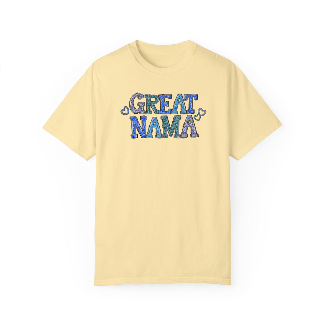 Great Nama Tee: Yellow t-shirt with blue text, 100% ring-spun cotton, medium weight, relaxed fit, durable double-needle stitching, seamless design for tubular shape. From Worlds Worst Tees.