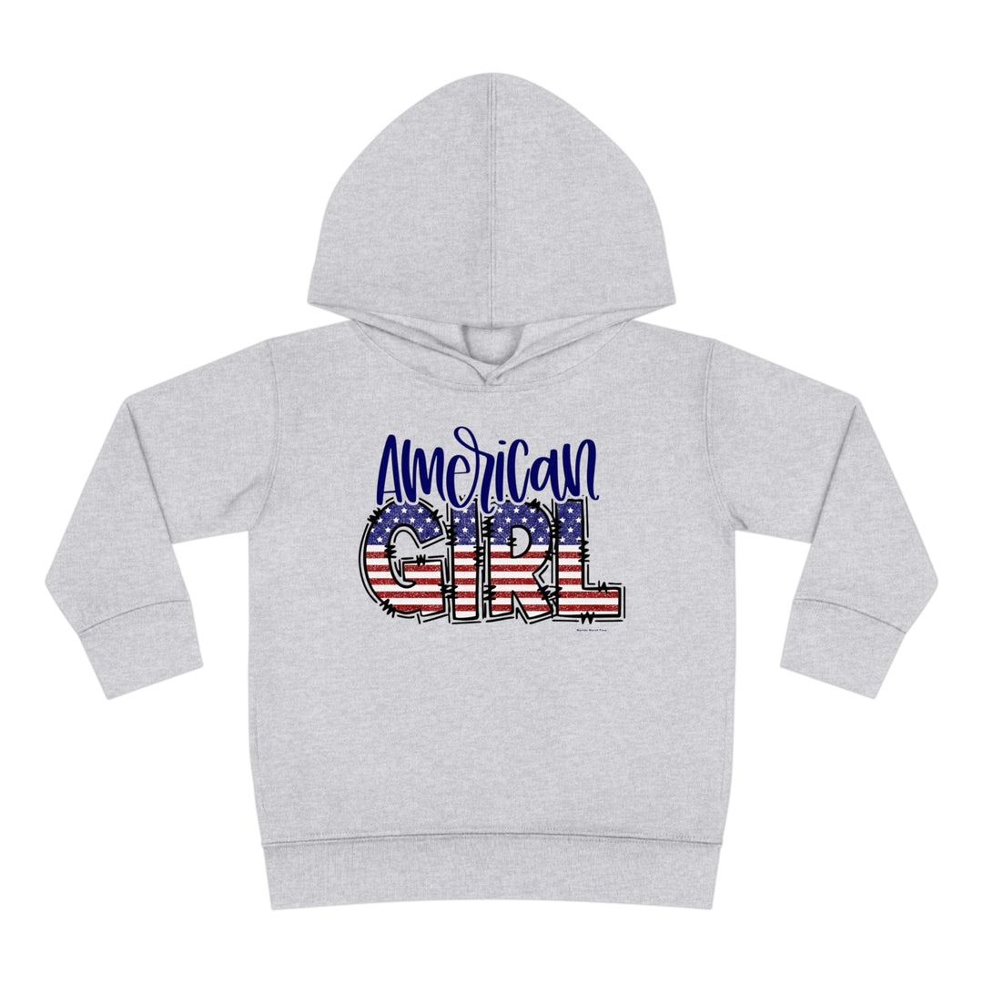 American Girl Toddler Hoodie with patriotic text design, side seam pockets, and durable construction for long-lasting coziness. Made of 60% cotton, 40% polyester blend. Ideal for active kids.