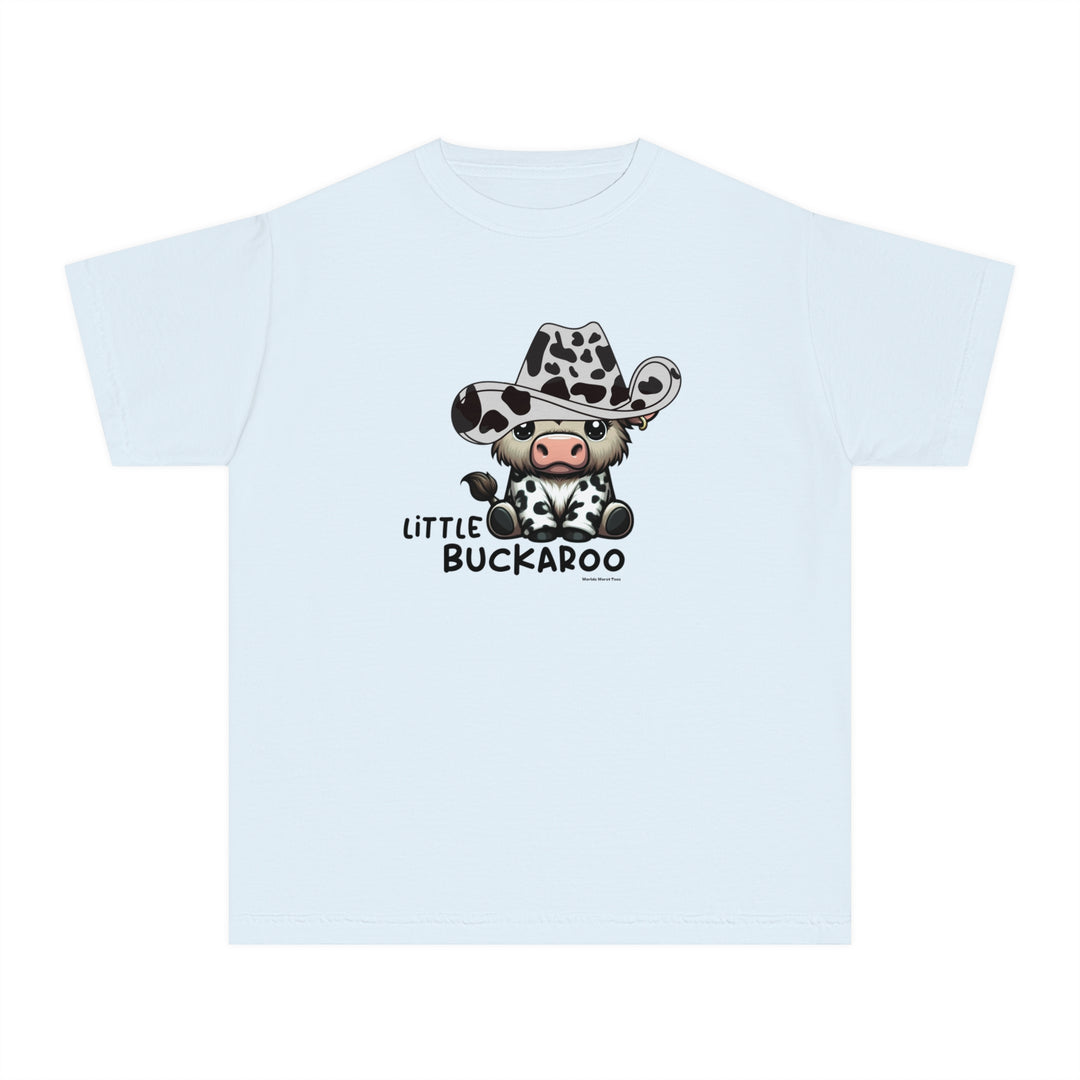 A white kid's tee with a cartoon cow in a cowboy hat, perfect for active days. 100% cotton, soft-washed, and garment-dyed for comfort. Classic fit for all-day wear. Buckaroo Kids Tee by Worlds Worst Tees.