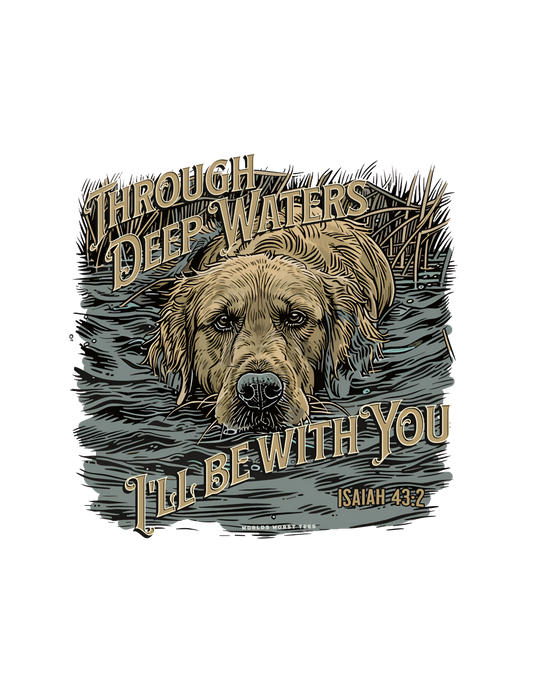 A relaxed fit garment-dyed tee made of 100% ring-spun cotton, featuring a dog in water graphic. Medium weight, soft-washed fabric with double-needle stitching for durability. From Worlds Worst Tees: Through Deep Waters Hunting Tee.