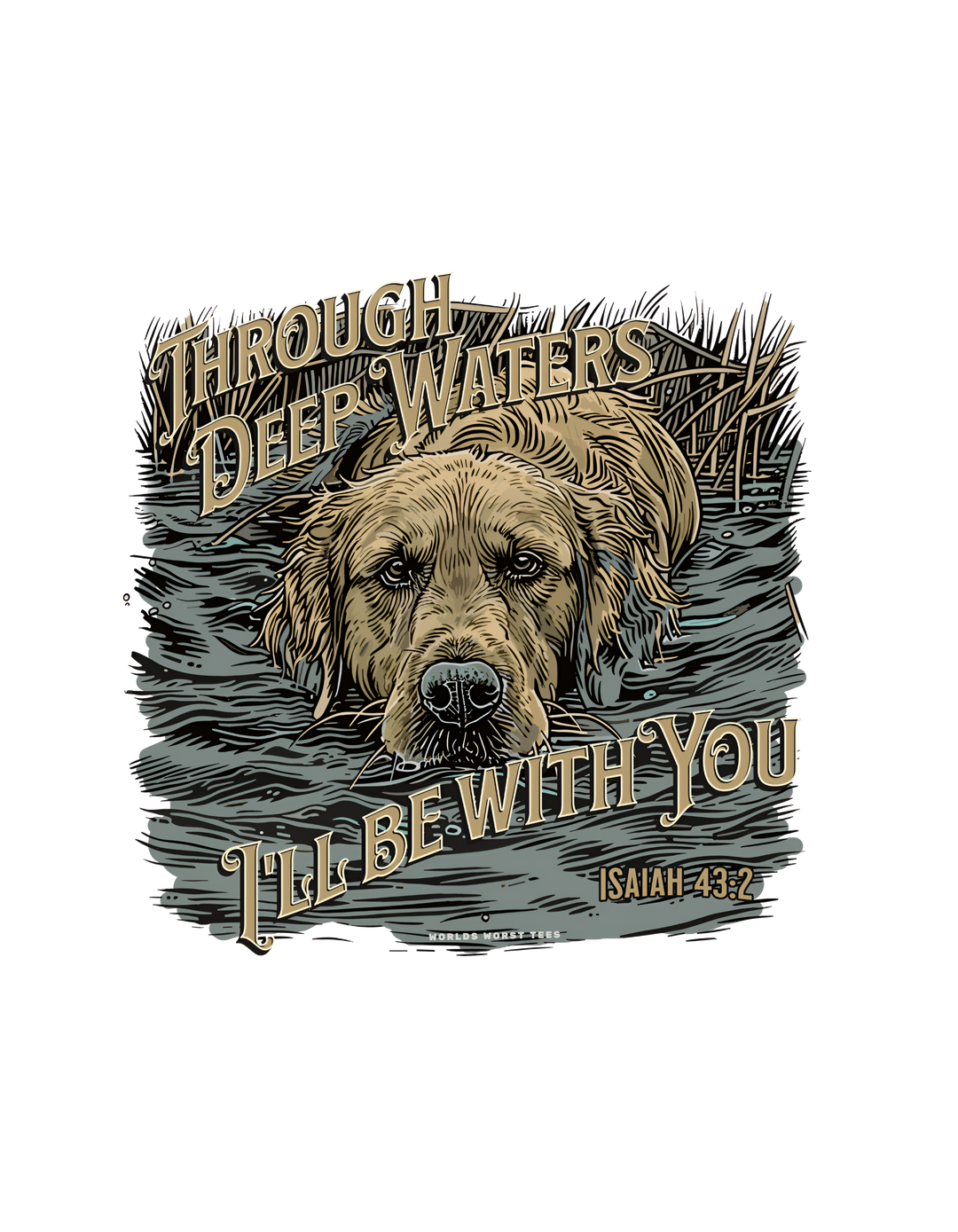 A dog in water with text, symbolizing Through Deep Waters Long Sleeve T-Shirt by Worlds Worst Tees. 100% ring-spun cotton, garment-dyed fabric, relaxed fit for comfort. Ideal for casual wear.