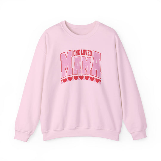 Unisex One Loved Mama Crew sweatshirt, featuring a graphic design on a pink fabric. Made of 50% cotton and 50% polyester, with a ribbed knit collar for lasting comfort. Sizes from S to 5XL.