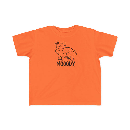 Moody Toddler Tee featuring a cow graphic on orange fabric. Soft, 100% combed ringspun cotton, light fabric, classic fit, tear-away label, perfect for sensitive skin. Ideal for toddlers.