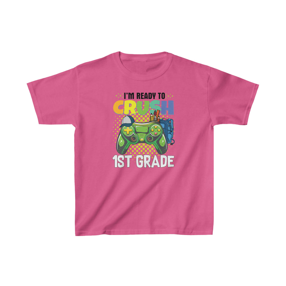 Kids tee featuring a pink shirt with a cartoon character and a game controller. 100% cotton, light fabric, tear-away label, classic fit. Ideal for everyday wear. From 'Worlds Worst Tees'.