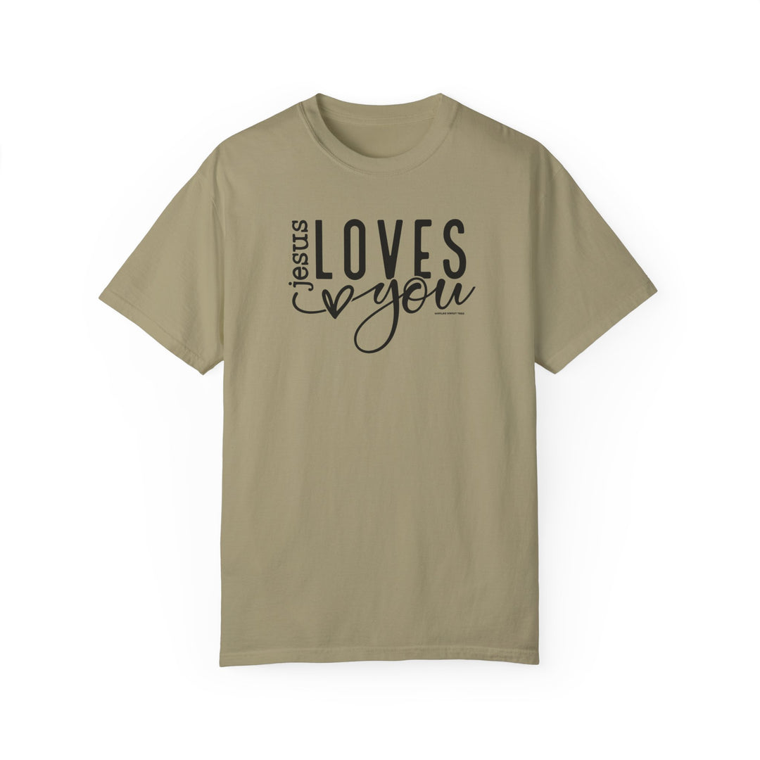 A relaxed fit Jesus Loves You Tee, crafted from 100% ring-spun cotton. Garment-dyed for extra coziness, with durable double-needle stitching and a seamless design for a tubular shape.