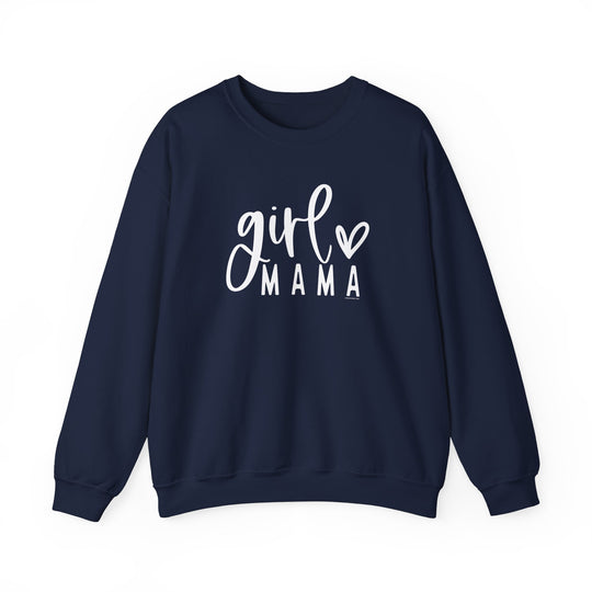 A Girl Mama Crew unisex heavy blend sweatshirt, featuring white text on blue fabric. Comfortable, ribbed knit collar, no itchy seams. 50% cotton, 50% polyester, loose fit, medium-heavy fabric. Ideal for all occasions.